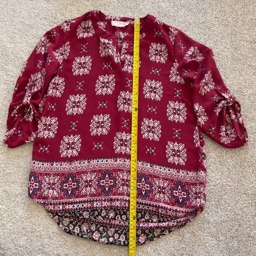 Maroon Abstract Boho Office Work Asymmetrical Top - Picture 4 of 6